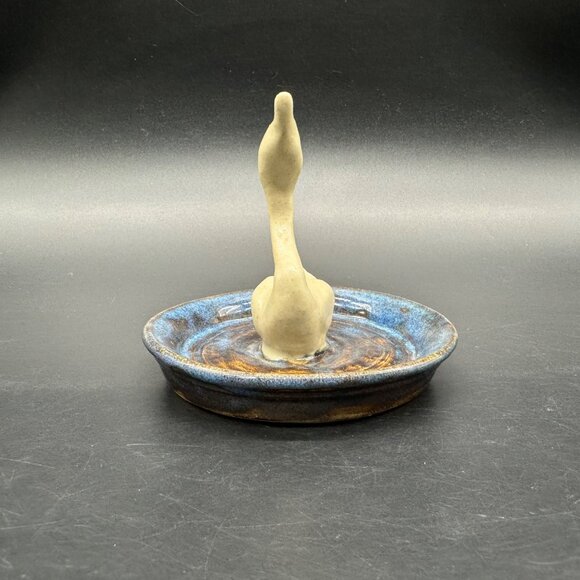 Art Pottery Swan Ring Dish Trinket Holder Bird Figurine Jewelry Blue Signed - Picture 3 of 10